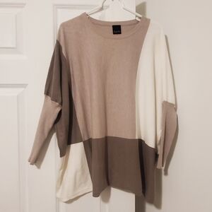 Aaeda Soft Oversized Tan White Brown Colorblock Neutral Batwing Fall Sweater